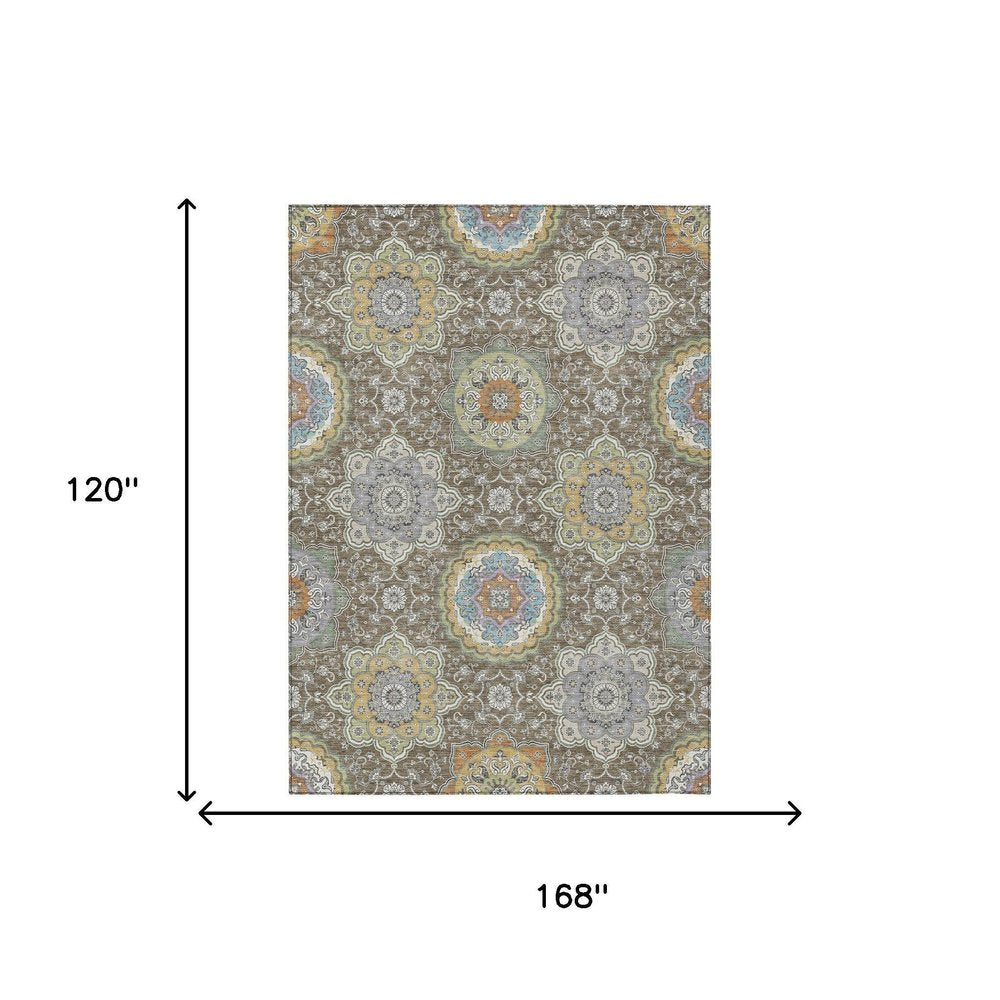10' X 14' Taupe And Ivory Floral Medallion Washable Indoor Outdoor Area Rug HomeRoots