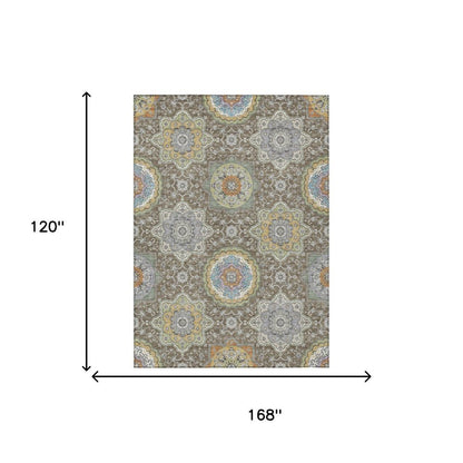 10' X 14' Taupe And Ivory Floral Medallion Washable Indoor Outdoor Area Rug HomeRoots