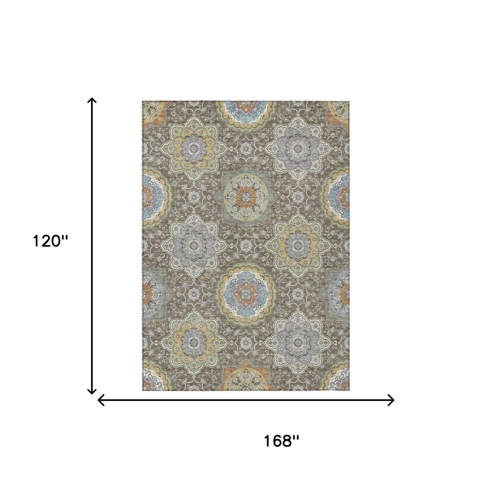 10' X 14' Taupe And Ivory Floral Medallion Washable Indoor Outdoor Area Rug HomeRoots
