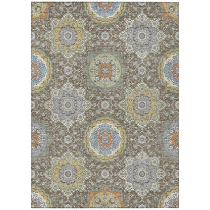 10' X 14' Taupe And Ivory Floral Medallion Washable Indoor Outdoor Area Rug HomeRoots