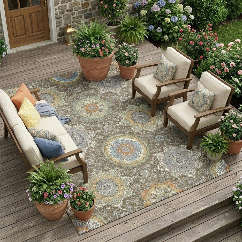 10' X 14' Taupe And Ivory Floral Medallion Washable Indoor Outdoor Area Rug HomeRoots