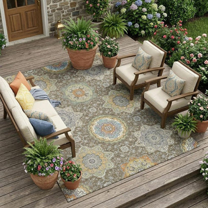 10' X 14' Taupe And Ivory Floral Medallion Washable Indoor Outdoor Area Rug HomeRoots