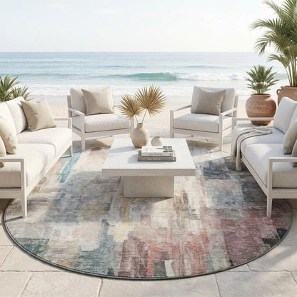 8' Ivory And Gray Round Abstract Washable Indoor Outdoor Area Rug HomeRoots