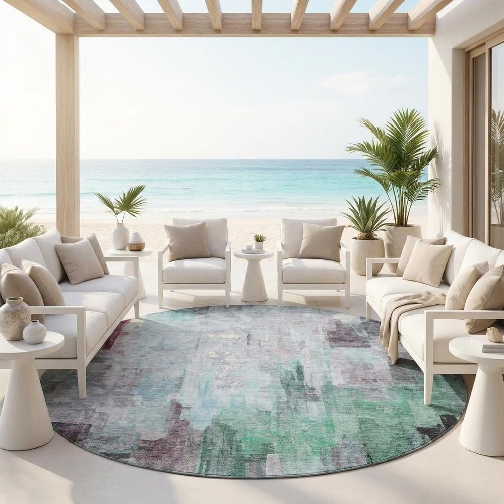 8' Sky Blue And Mauve Round Abstract Washable Indoor Outdoor Area Rug HomeRoots