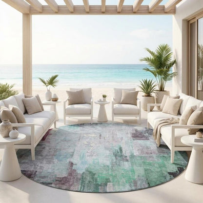 8' Sky Blue And Mauve Round Abstract Washable Indoor Outdoor Area Rug HomeRoots