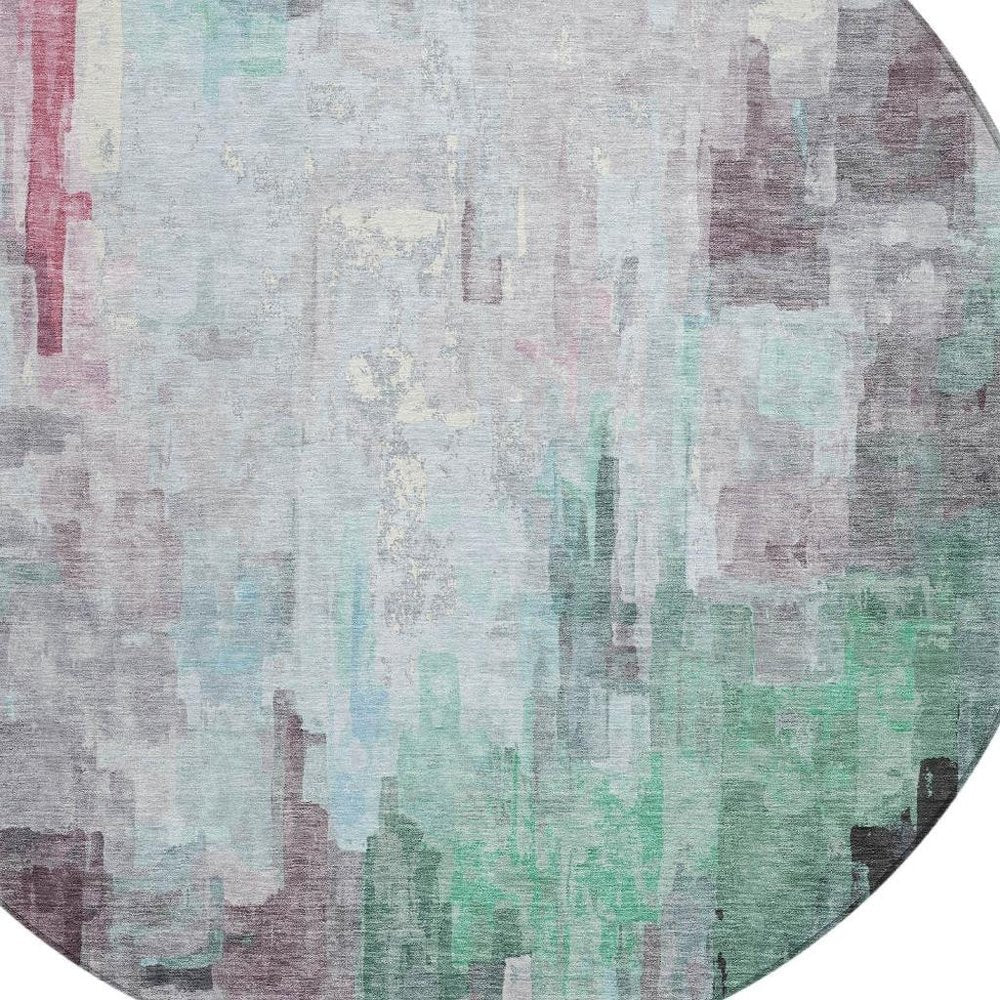 8' Sky Blue And Mauve Round Abstract Washable Indoor Outdoor Area Rug HomeRoots
