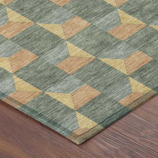 10' X 14' Green And Gray Geometric Washable Indoor Outdoor Area Rug