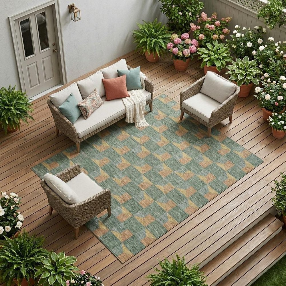 10' X 14' Green And Gray Geometric Washable Indoor Outdoor Area Rug — view 7