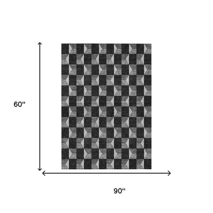 5' X 8' Black And Ivory Geometric Washable Indoor Outdoor Area Rug