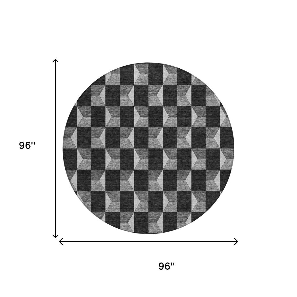 8' Black And Ivory Round Geometric Washable Indoor Outdoor Area Rug — view 6