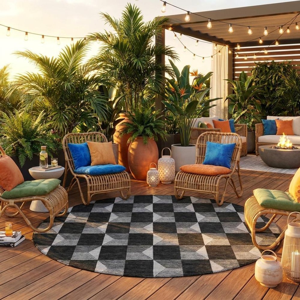 8' Black And Ivory Round Geometric Washable Indoor Outdoor Area Rug — view 7