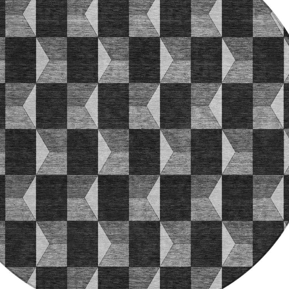 8' Black And Ivory Round Geometric Washable Indoor Outdoor Area Rug — view 8