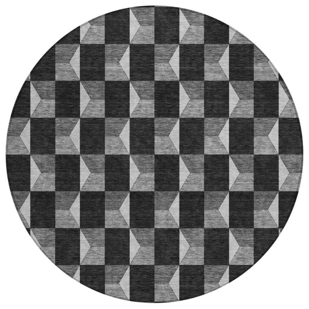 8' Black And Ivory Round Geometric Washable Indoor Outdoor Area Rug — view 1
