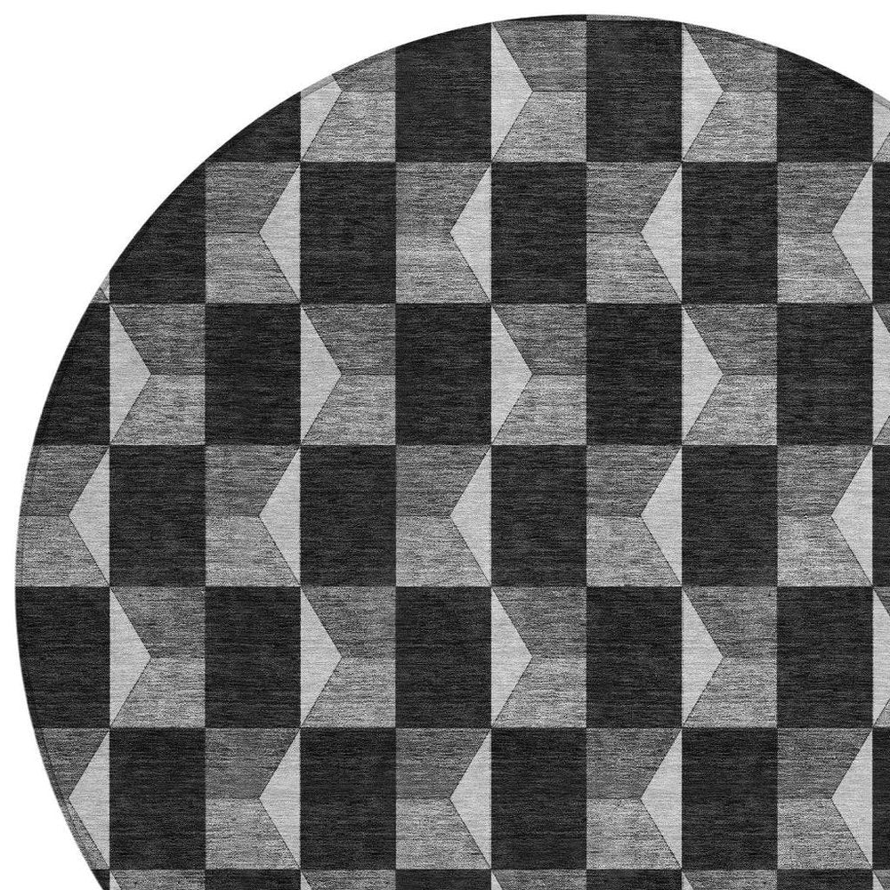 8' Black And Ivory Round Geometric Washable Indoor Outdoor Area Rug — view 4