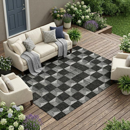 10' X 14' Black And Ivory Geometric Washable Indoor Outdoor Area Rug