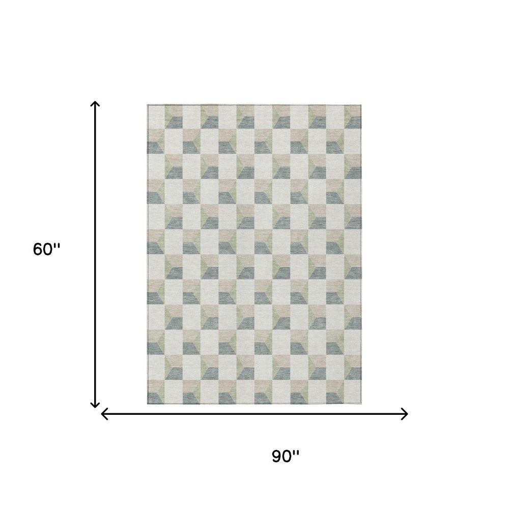 5' X 8' Green And Teal Blue Geometric Washable Indoor Outdoor Area Rug — view 6