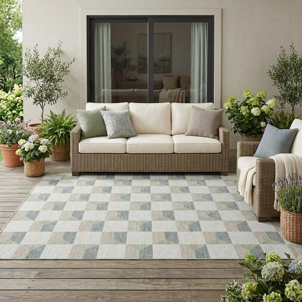 5' X 8' Green And Teal Blue Geometric Washable Indoor Outdoor Area Rug — view 7