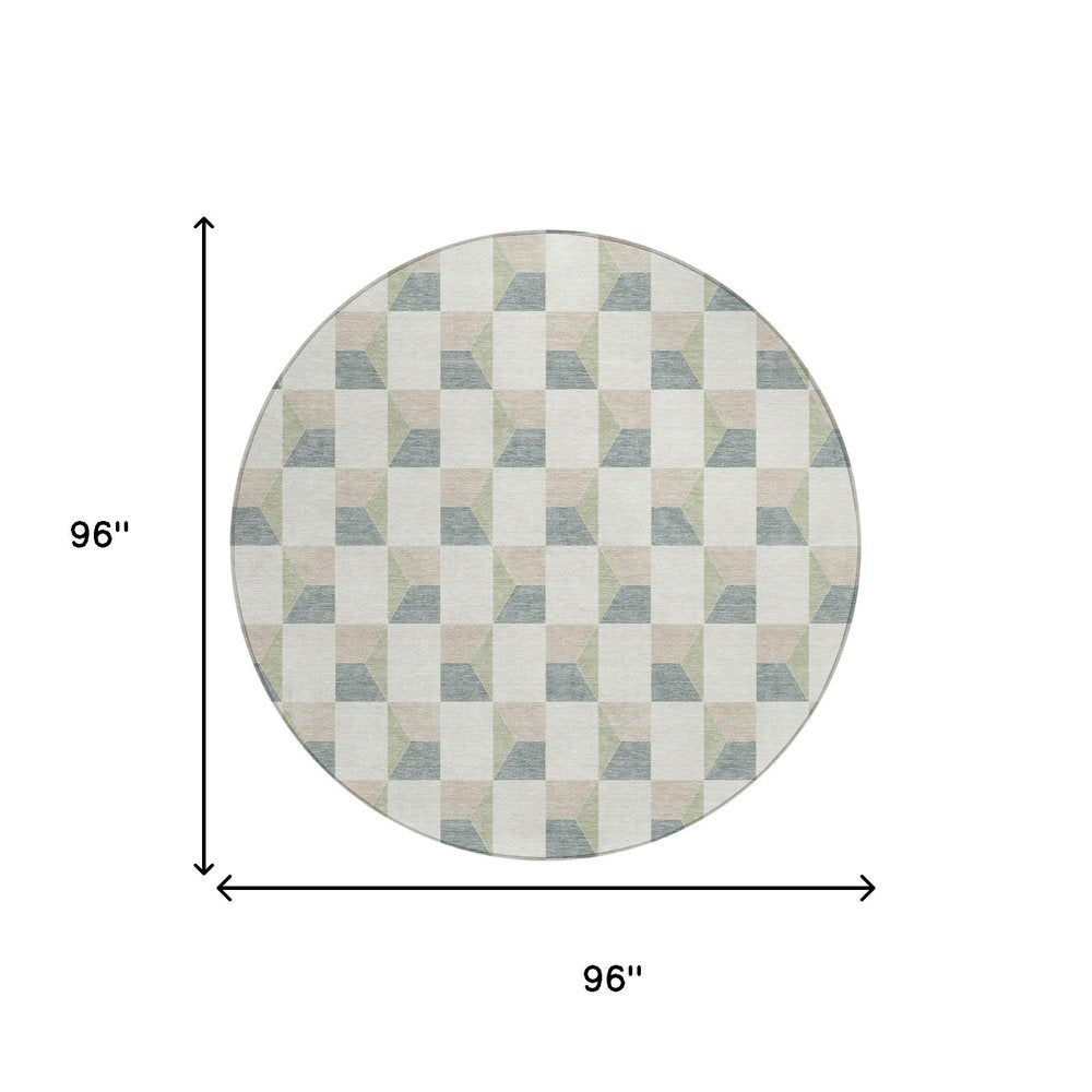 8' Green And Teal Blue Round Geometric Washable Indoor Outdoor Area Rug — view 6