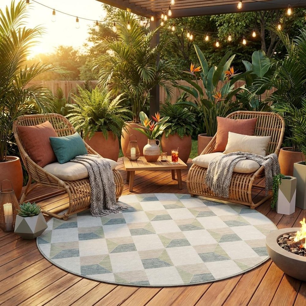 8' Green And Teal Blue Round Geometric Washable Indoor Outdoor Area Rug HomeRoots