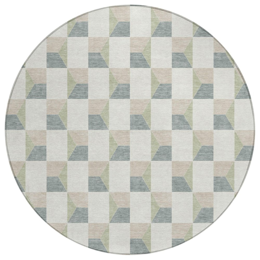 8' Green And Teal Blue Round Geometric Washable Indoor Outdoor Area Rug — view 1