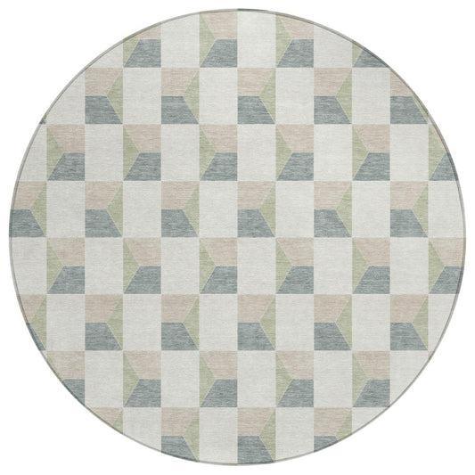 8' Green And Teal Blue Round Geometric Washable Indoor Outdoor Area Rug