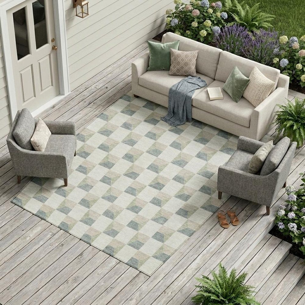 8' X 10' Green And Teal Blue Geometric Washable Indoor Outdoor Area Rug — view 7