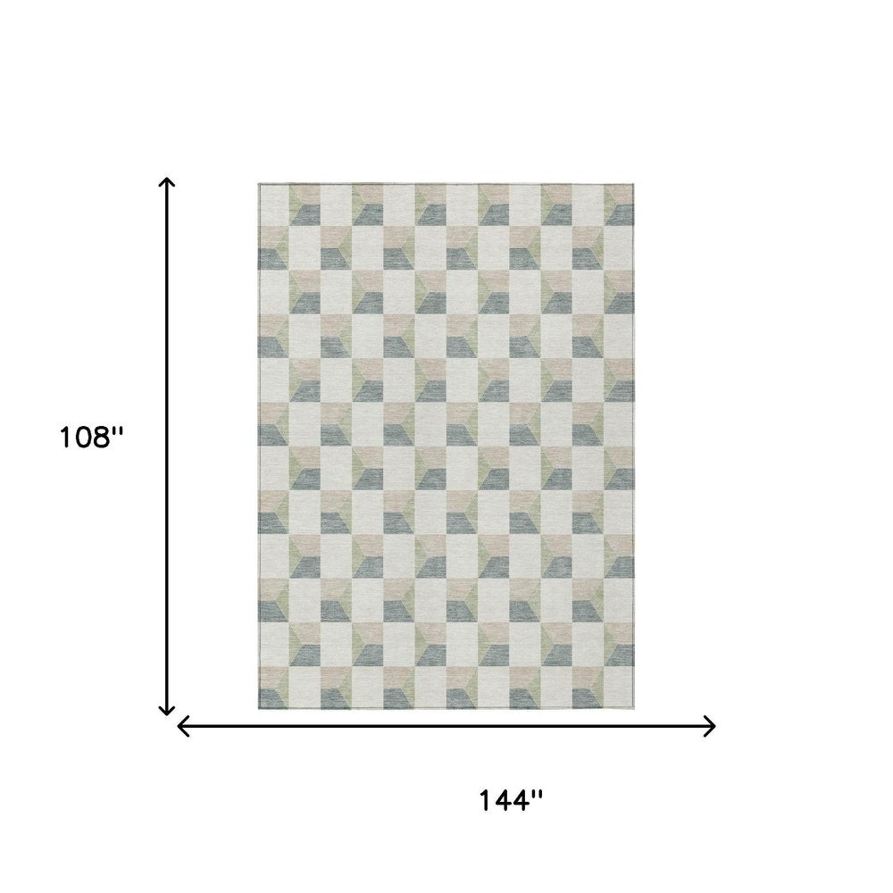 9' X 12' Green And Teal Blue Geometric Washable Indoor Outdoor Area Rug — view 6