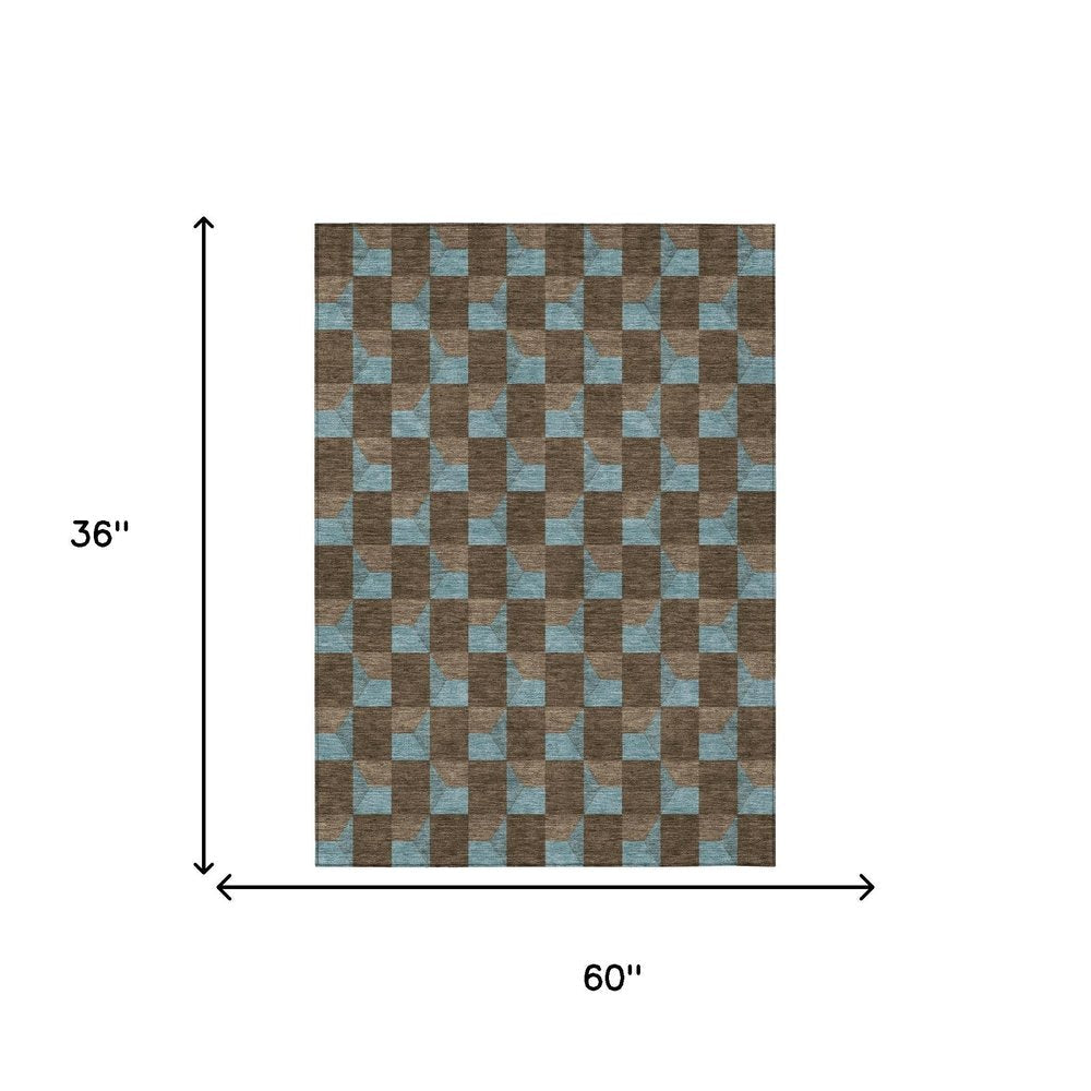 3' X 5' Chocolate And Silver Geometric Washable Indoor Outdoor Area Rug