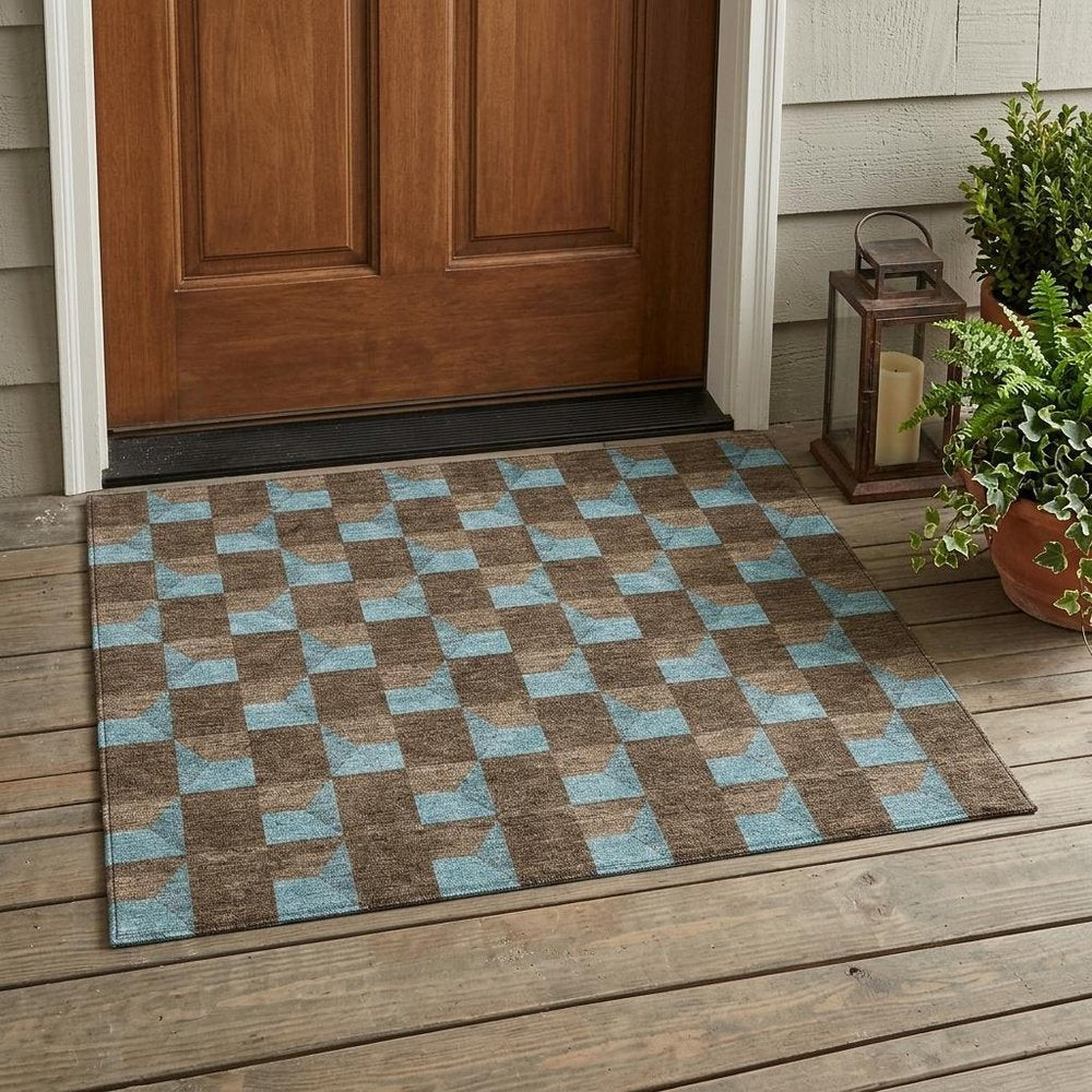 3' X 5' Chocolate And Silver Geometric Washable Indoor Outdoor Area Rug — view 7