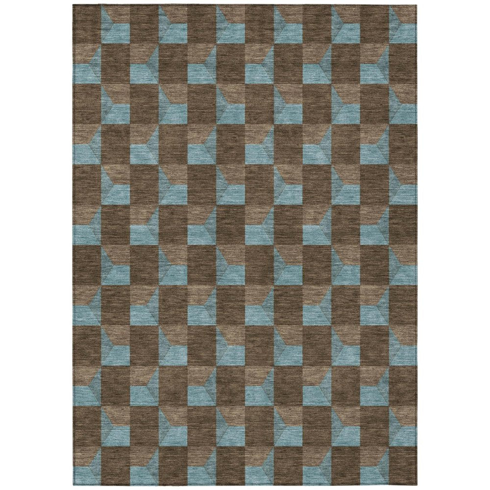 5' X 8' Chocolate And Silver Geometric Washable Indoor Outdoor Area Rug — view 1