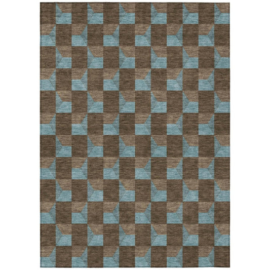 5' X 8' Chocolate And Silver Geometric Washable Indoor Outdoor Area Rug