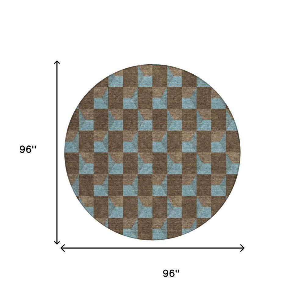 8' Chocolate And Silver Round Geometric Washable Indoor Outdoor Area Rug — view 6