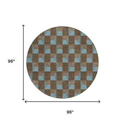 8' Chocolate And Silver Round Geometric Washable Indoor Outdoor Area Rug HomeRoots