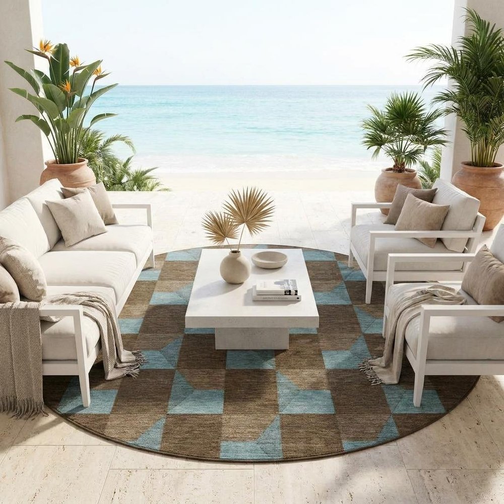 8' Chocolate And Silver Round Geometric Washable Indoor Outdoor Area Rug HomeRoots