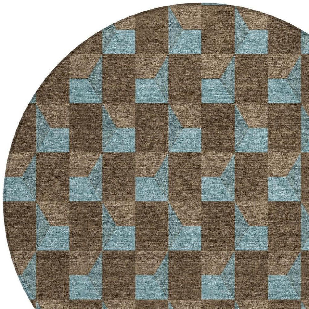 8' Chocolate And Silver Round Geometric Washable Indoor Outdoor Area Rug