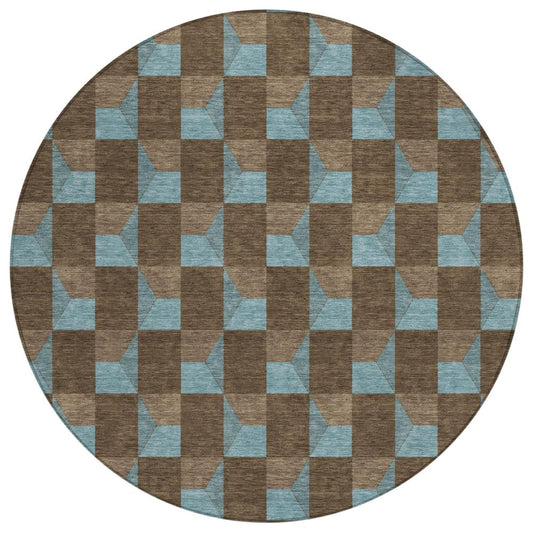 8' Chocolate And Silver Round Geometric Washable Indoor Outdoor Area Rug