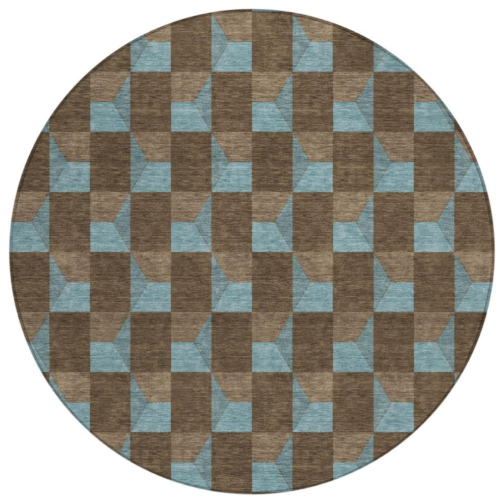 8' Chocolate And Silver Round Geometric Washable Indoor Outdoor Area Rug