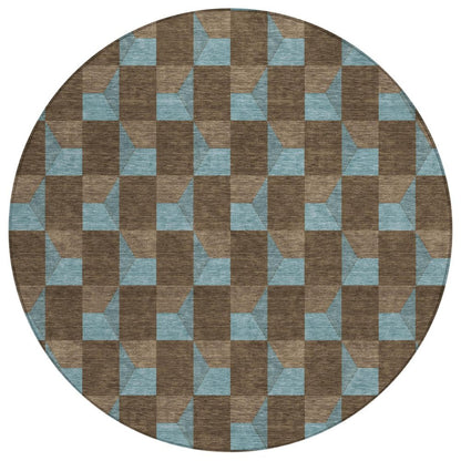 8' Chocolate And Silver Round Geometric Washable Indoor Outdoor Area Rug