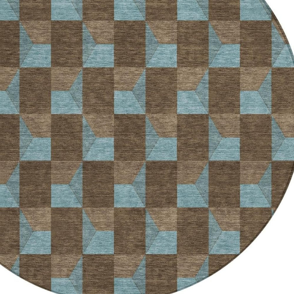 8' Chocolate And Silver Round Geometric Washable Indoor Outdoor Area Rug — view 4