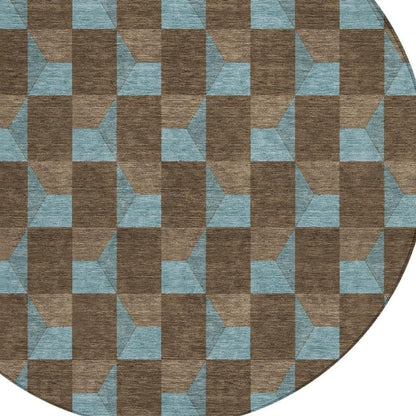 8' Chocolate And Silver Round Geometric Washable Indoor Outdoor Area Rug HomeRoots