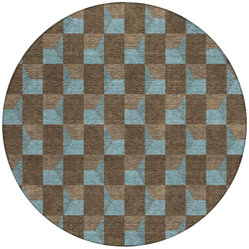 8' Chocolate And Silver Round Geometric Washable Indoor Outdoor Area Rug — view 5