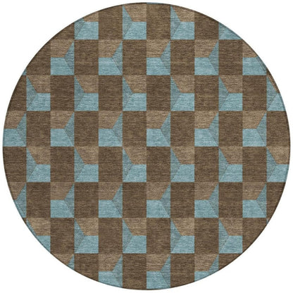 8' Chocolate And Silver Round Geometric Washable Indoor Outdoor Area Rug HomeRoots