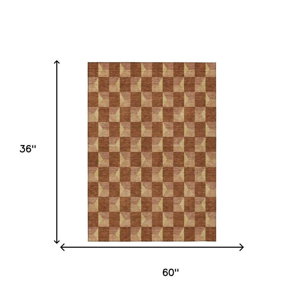 3' X 5' Orange And Brown Geometric Washable Indoor Outdoor Area Rug HomeRoots