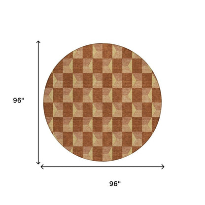 8' Orange And Brown Round Geometric Washable Indoor Outdoor Area Rug HomeRoots