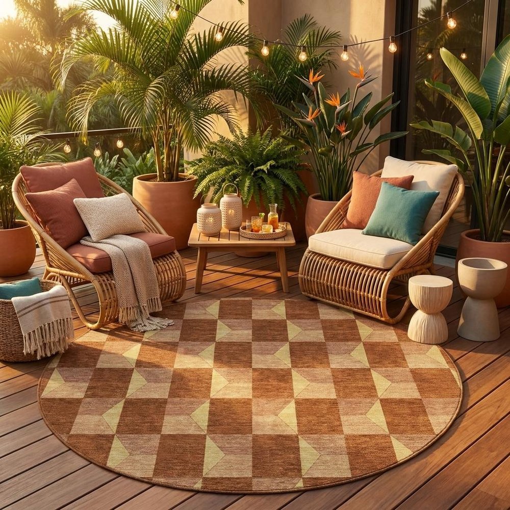 8' Orange And Brown Round Geometric Washable Indoor Outdoor Area Rug — view 7