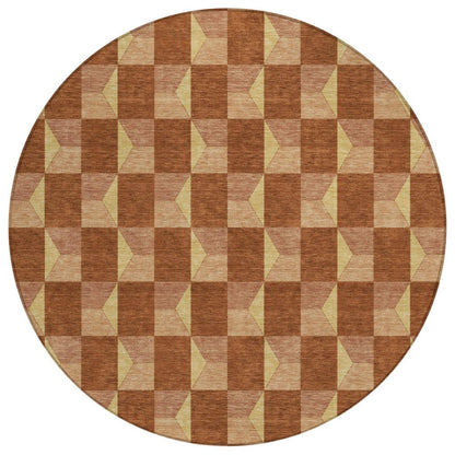 8' Orange And Brown Round Geometric Washable Indoor Outdoor Area Rug HomeRoots