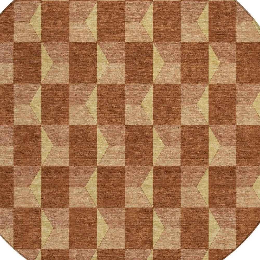 8' Orange And Brown Round Geometric Washable Indoor Outdoor Area Rug — view 4