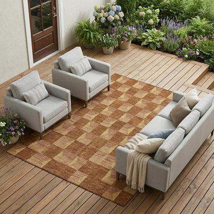 9' X 12' Orange And Brown Geometric Washable Indoor Outdoor Area Rug