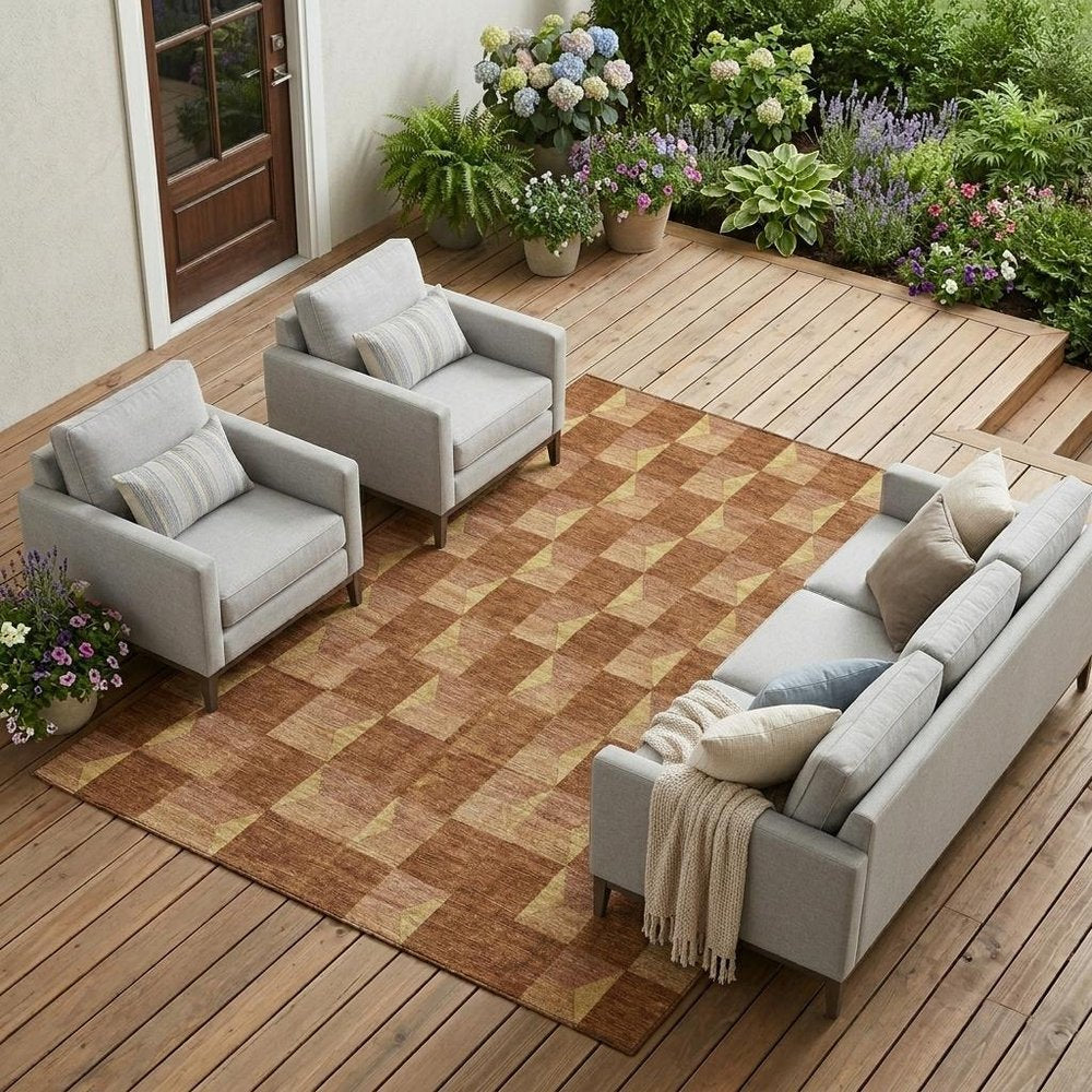 9' X 12' Orange And Brown Geometric Washable Indoor Outdoor Area Rug — view 16