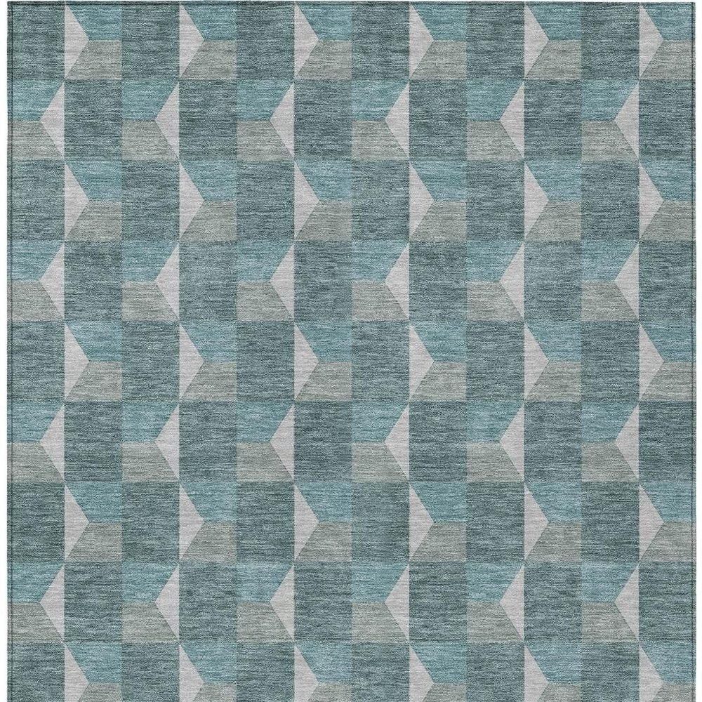 3' X 5' Teal Blue And Gray Geometric Washable Indoor Outdoor Area Rug — view 5
